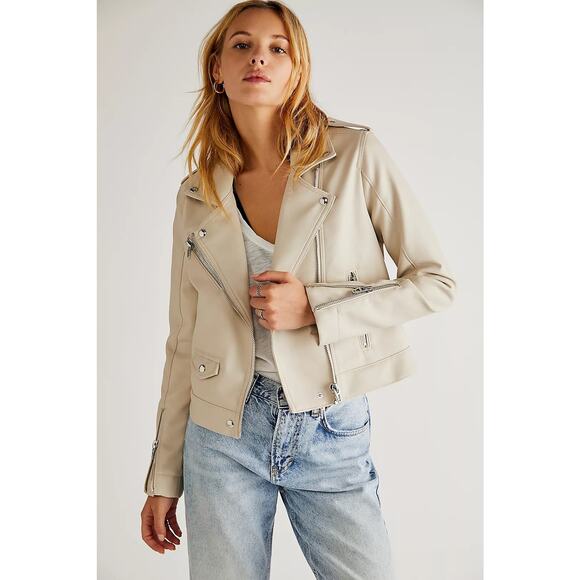 Free People x Blank NYC Vegan Moto Jacket Ivory Cream Size XS - Picture 1 of 9